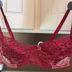 ADORE Me Set 36DD Red Lace Underwire Bra with Floral Detailing WITH matching pan